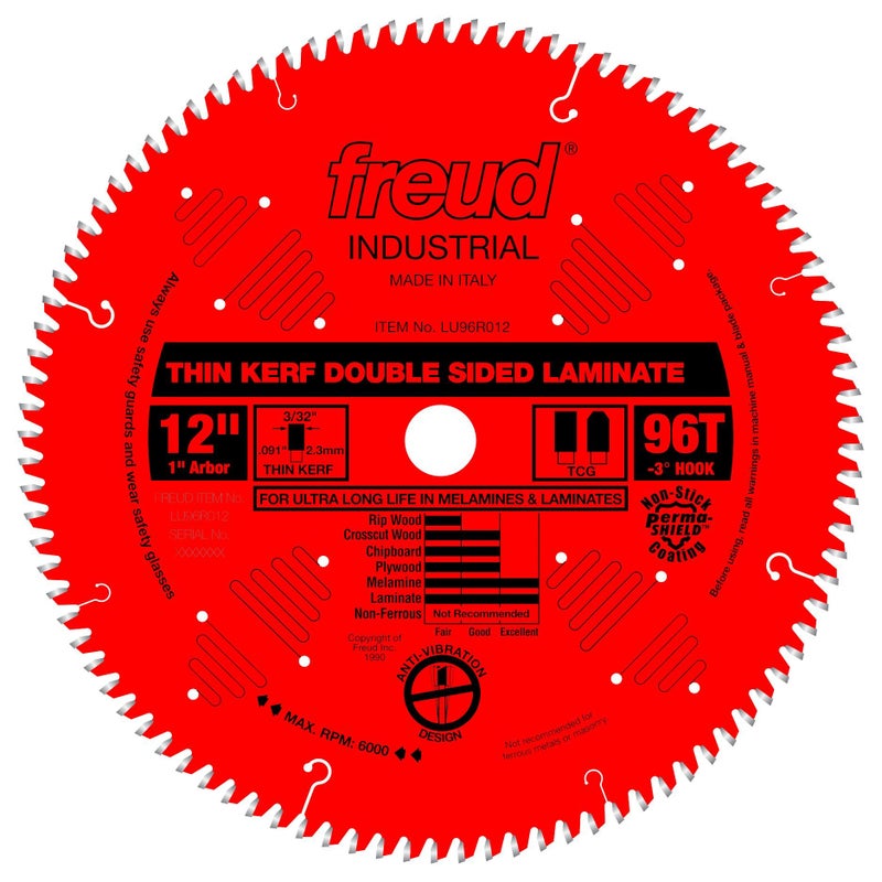 Freud LU96R012: 12" x 96T Thin Kerf Double Sided Laminate/Melamine